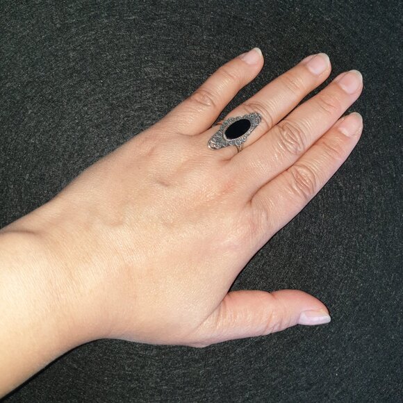 Rare Vintage 1940s Beaucraft Sterling Silver Filigree Black Onyx Adjustable Ring - Picture 10 of 12